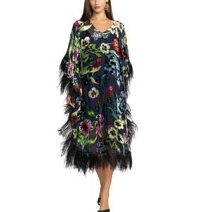 Johnny Was Maple Sheer Velvet Caftan Silk Blend Ostrich Feather Trim Dress Sz XS